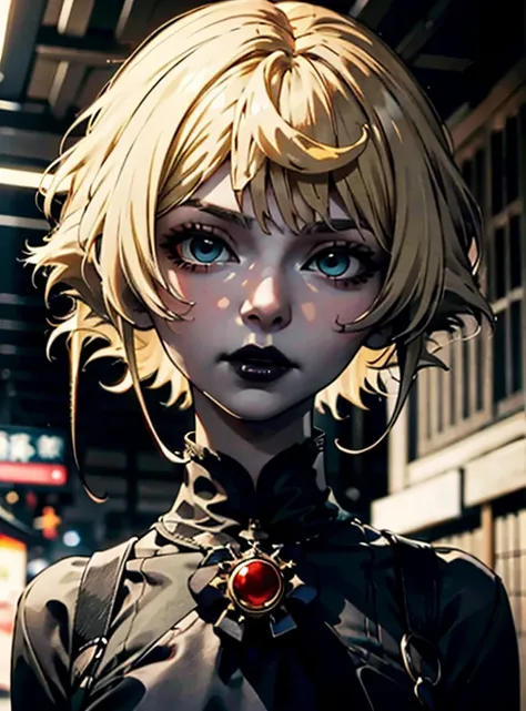 a close up of a woman with a black dress and black lipstick, blonde hime cut hair, with short hair, 1 7 - year - old anime goth girl, short pigtails hair, white hime cut hairstyle, sui ishida with blonde hair, with short hair with bangs, short blonde hair ...