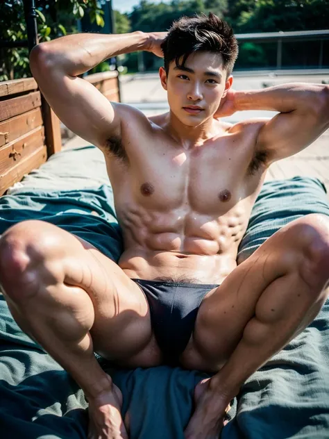 Realistic photography, 8k, smooth skin, handsome young muscular Chinese man, wearing no shirt, wearing only black thong, huge bulge, bedroom, lying down on the bed, lifted arms, spread legs, facing the sun, body lighting
