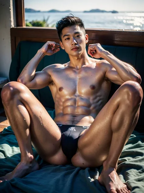 Realistic photography, 8k, smooth skin, handsome young muscular Chinese man, wearing no shirt, wearing only black thong, huge bulge, bedroom, lying down on the bed, lifted arms, spread legs, facing the sun, body lighting
