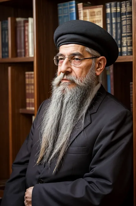 Elderly Hasidic rabbi, long beard, traditional sidelocks, face wrinkles, wearing Kippah (Yarmulka), Background should be a study room full of antique books, soft front light, glow, HDR,
