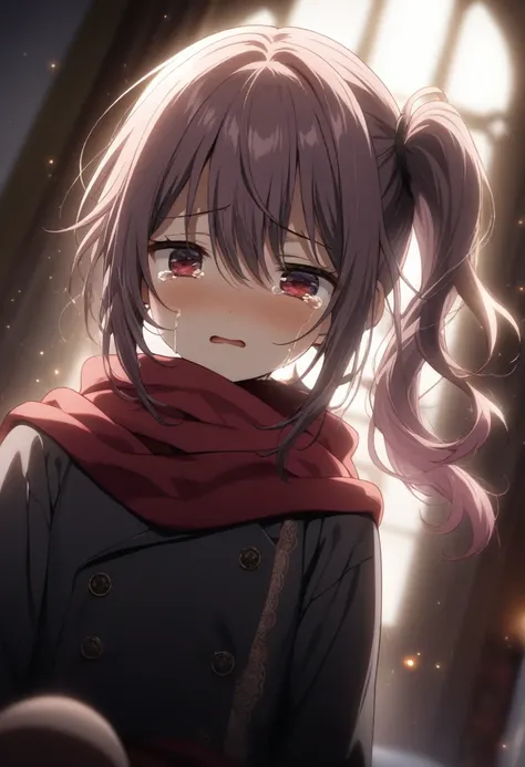 1girl mauve, official art, sitting, crying, tears streaming, black coat, red scarf, black hair, side_ponytail, red eyes, (very aesthetic, best quality, ultra detailed), intricate details, highres, indoors, light particles, close-up, blurry background,, low...