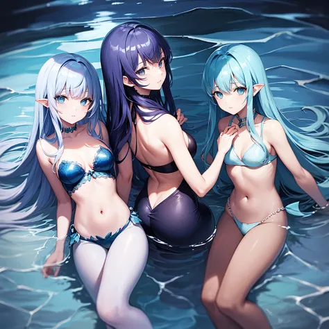 Two more dark blue and light blue hair mermaids sat in the deep ocean A mermaid 