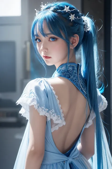 8k,Close-up of a woman in a blue and white dress、Draw your sword,Blue Hair, Super Beauty,(Like the real thing)blue eyes,ponytail,Chengwei Pan at Art Station、 By Yang Jo、 Detailed fantasy art、Amazing character art、 Fan Art Best Art Station、 Gorgeous and det...