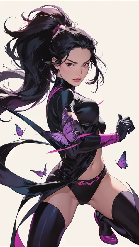 fullbody, portrait Illustration of PSYLOCKE from x-men, an beatiful japanese girl in fight pose envolve in a energy pink aura, little butterflies made of purple energy plasma; dark background, psylocke, realistic, photo-realistic, 8k, highly detailed, full...