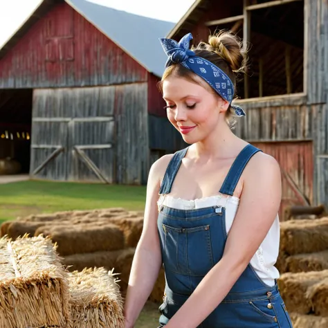 close up picture of m1ag0th woman, hair bun, blue bandana, wearing only blue overalls jeans, in a barn, pearl movie, close up, o...