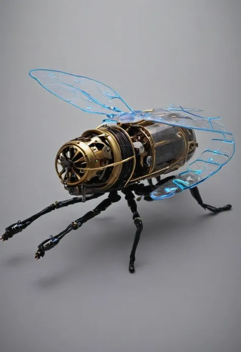 an electronic mechanical insect flying in the dark and showing its circuits and gears through its transparent plastic skin.