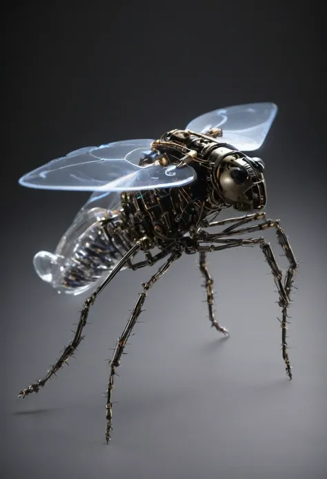 an electronic mechanical insect flying in the dark and showing its circuits and gears through its transparent plastic skin.