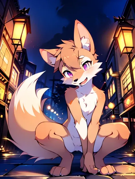 fox, little boy, cute, (alone), (((has brown and white fur))), big purple eyes, blushing, smile, open your mouth, walking, night...