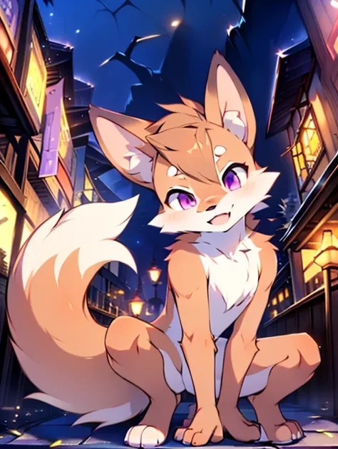 fox, little boy, cute, (alone), (((has brown and white fur))), big purple eyes, blushing, smile, open your mouth, walking, night...