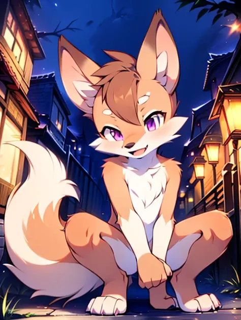 fox, little boy, cute, (alone), (((has brown and white fur))), big purple eyes, blushing, smile, open your mouth, walking, night...