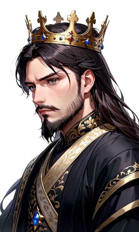 the image of a man with dark hair, light eyes, a little beard on his chin, dressed in black imperial clothing and a crown on his head, with a serious look. 