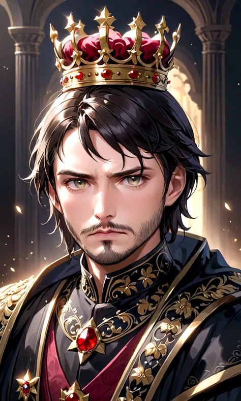 the image of a man with dark hair, light eyes, a little beard on his chin, dressed in black imperial clothing and a crown on his head, with a serious look. 