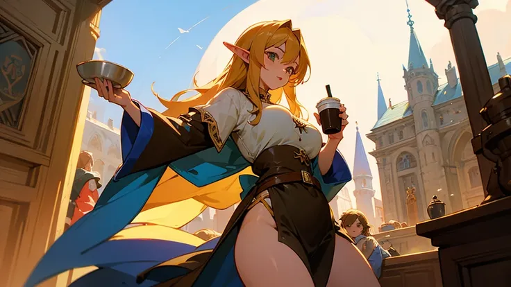 Anime Style,Nostalgic,Detailed background,The medieval world,A lively coffee shop with lots of people,Beautiful sky,Beautiful bard elf girl holding coffee,Large Breasts,Healthy thighs