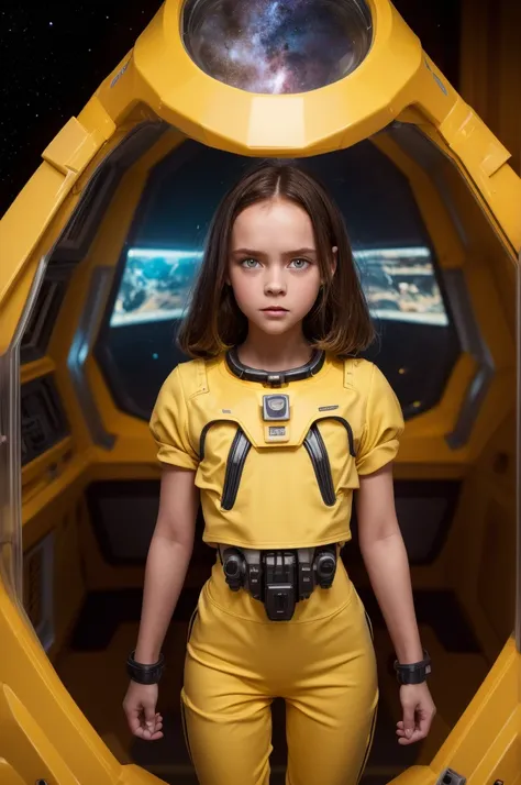 (little girl, 12 years old, brown hair, photorealistic, pale skin), (yellow (eyes:1.2)), (slim build:1.3), (fantasy space suit),...