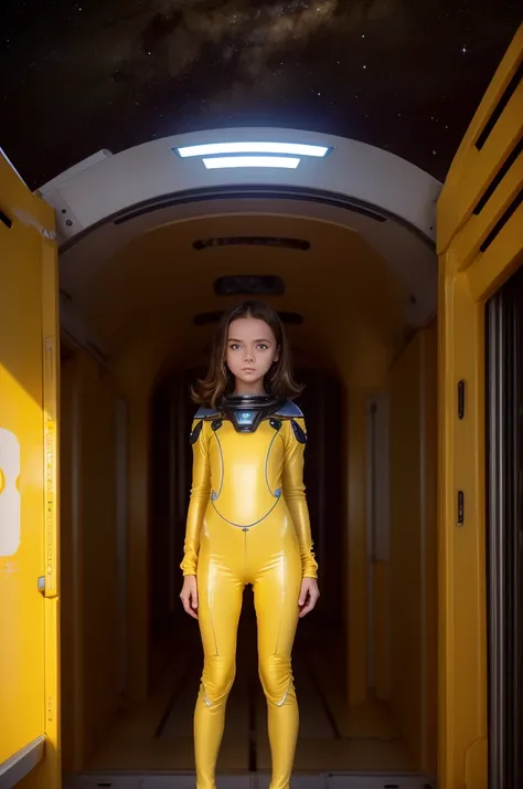 (little girl, 12 years old, brown hair, photorealistic, pale skin), (yellow (eyes:1.2)), (slim build:1.3), (fantasy space suit),...