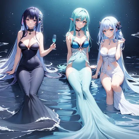 Two more dark blue and light blue hair mermaids sat in the deep ocean A mermaid 