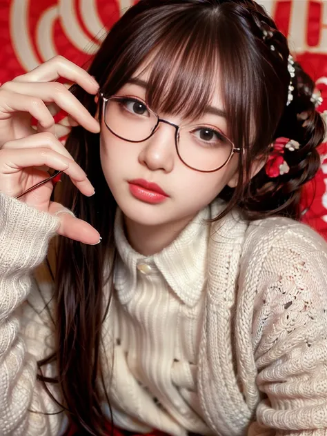 RAW Photos, 8K, (Highest quality), Realistic, (live-action, Intricate details), (Natural skin texture, Detailed skin, Hyperrealism, Sharpness), (Japanese teenage girl with glasses sitting on a hotel bed), ((((Student uniform 1.5)))), White shirt, Open Fron...