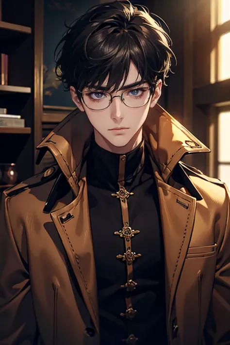 (tmasterpiece, high resolution, ultra - detailed:1.0), (1 boy, Young male), Eyes looking at the camera, Perfect male body, Extremely detailed CG, 8K wallpaper, Complicated details, solo person, Detailed face,(Black hair, brown coat,brown sweater, Glasses),...