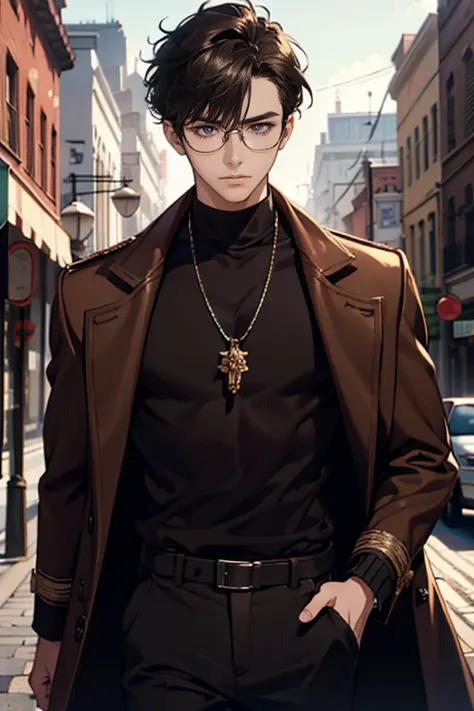 (tmasterpiece, high resolution, ultra - detailed:1.0), (1 boy, Young male), Eyes looking at the camera, Perfect male body, Extremely detailed CG, 8K wallpaper, Complicated details, solo person, Detailed face,(Black hair, brown coat,brown sweater, Glasses),...