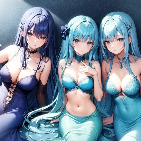 Two more dark blue and light blue hair mermaids sat in the deep ocean A mermaid 