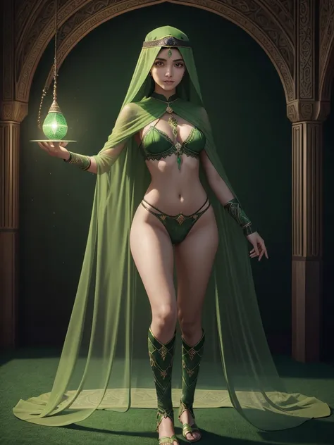 1 teenage girl. Beautiful teenage girl. 12 years old. Beautiful arabian witch girl. Light brown skin. Powerful witch. Black hair. Green sexy transparent arabian witch suit no pants. No bra. No underwear. Nipples exposed. Green transparent niqab. Flat chest...