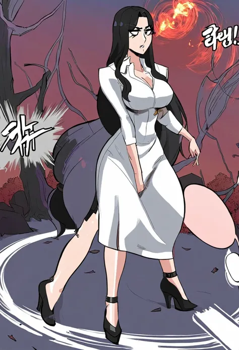 A woman of thirty, full body portrait, long hair, wearing a long white dress, black high heels, aggrieved expression, Korean comic style