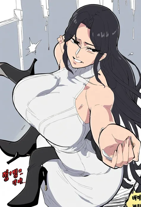 A woman of thirty, full body portrait, long hair, wearing a long white dress, black high heels, aggrieved expression, Korean comic style