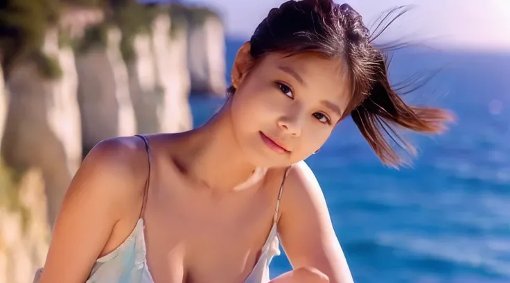 top-quality、beautiful japanese female、Superb view、on a cliff、off-shoulder:1.2、micro bikini:1.2、huge tit、The wind is blowing