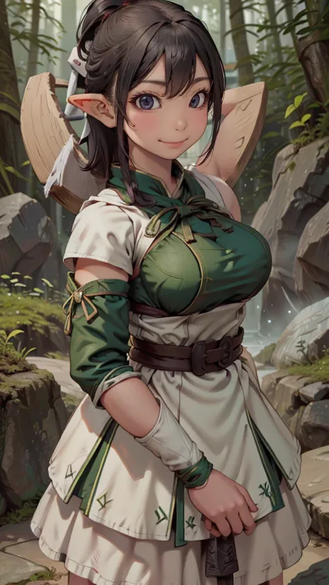 (cute elf ),(archer clothes),,(messy hairstyle),(large breasts:1.5),in forest background,(taking a bow),(highest image quality, ...