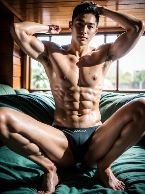 Realistic photography, 8k, smooth skin, handsome young muscular Chinese man, wearing no shirt, wearing only black thong, huge bulge, bedroom, lying down on the bed, lifted arms, spread legs, facing the sun, body lighting, front lighting
