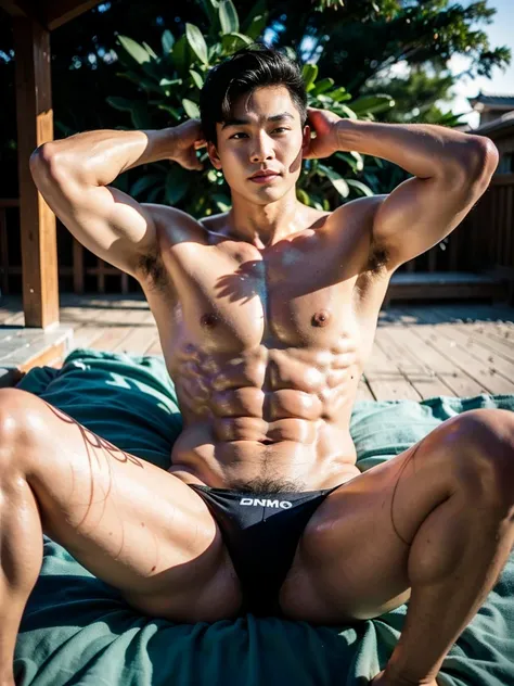 Realistic photography, 8k, smooth skin, handsome young muscular Chinese man, wearing no shirt, wearing only black thong, huge bulge, bedroom, lying down on the bed, lifted arms, spread legs, facing the sun, body lighting, front lighting
