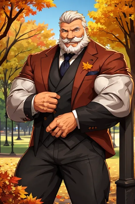 a muscular old man in park, happy, autumn, suits, vector, mwvector, bokeh, smile, (masterpiece:1.2),(best quality,8k),huge and muscular,thick arms,short hair,white hair