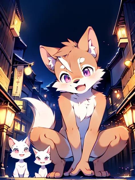 Shiba Inu, Little Boy, cute, (With two people), (((Has brown and white fur))), Big purple eyes, Blushing, smile, Open your mouth, walking, night, Ancient Asian cities, bright street lights, Blue and black slate road, Empty Streets, Starry Sky, Shadow, Deta...