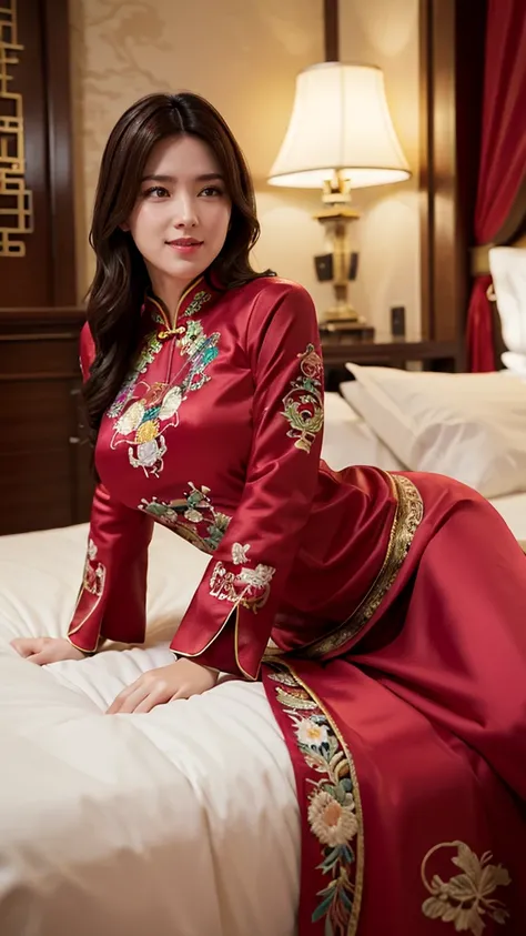 Tabletop,Highest quality,High resolution,Fine details,alone,Adult female,blush,curve,Large Breasts,Oily skin,(A brightly colored embroidered Chinese dress),(In a luxury hotel bed)、Dark brown long hair、Lying in bed、Embarrassed laugh、Provocative Pose