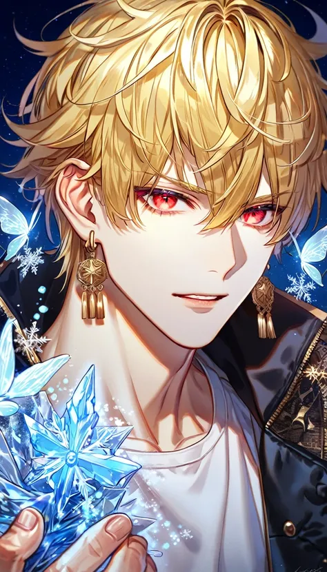 absurdres, highres, ultra detailed, HDR, master piece, best quality, extremely detailed face, delicated features, Gilgamesh, blonde hair, expressive red eyes, fate grand order, black jacket, white T-shirt, golden earrings, solo, sexy man, handsome, fantasy...