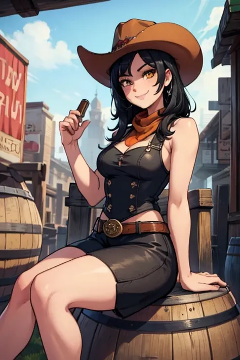 perfect face, perfect hands. a black haired female cowgirl with orange eyes  in a conservative cowgirl outfit is smiling while s...