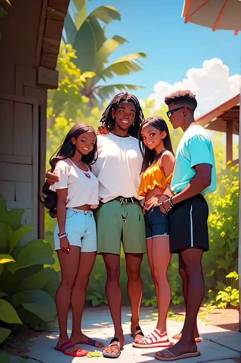 2 young women in shorts with two young men wearing shorts, couples, at bbq, outdoor grill, distance shot, happy, talking