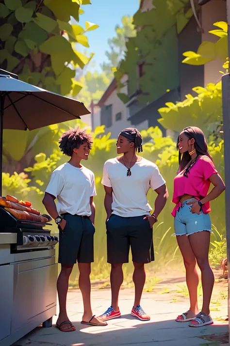 2 young women in shorts with two young men wearing shorts, couples, at bbq, outdoor grill, distance shot, happy, talking