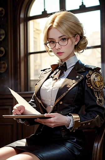 Glasses, wearing a steam punk outfit, white shirt, pencil skirt, steampunk style,  looking at viewer, frowning, sitting, holding a clipboard, serious expression, blonde hair, middle-aged woman, steampunk, soft lighting, high quality, masterpiece