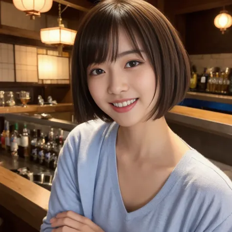 (1 ultra cute japanese girl, short hair:1.5), part-time job at a bar,detailed face, ultra detailed eyes, incredible beautiful eyes, symmetry dropped eyes, no makeup, big smile,Enthusiastic belly laugh, open mouth, best quality, 4k, 8k, highres, masterpiece...