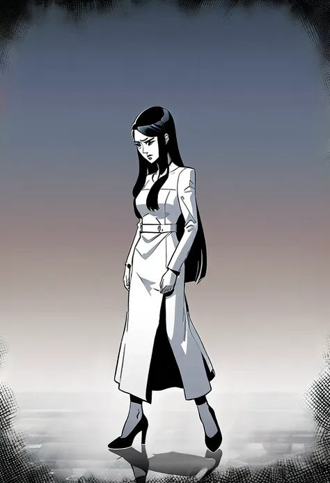 A woman of thirty, full body portrait, long hair, wearing a long white dress, black high heels, aggrieved expression, Korean comic style