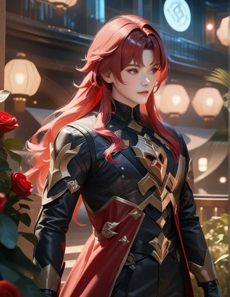 Argenti de Honkai Star Rail, beautiful boy with long red hair wearing clothes inspired by the zodiac pisces sign, symbols with the zodiac sign pisces, holding a red rose, standing in a garden with the Honkai Star Rail architecture in the background, cinema...