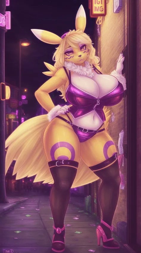 uploaded on e621, (((by Dimwitdog))), solo female (((renamon))), wear (((slutty street hooker outfit))), (detailed renamon), digimon, (detailed lighting),(detailed fur), (detailed big breasts), huge breasts, breast squish, (detailed skin), BREAK, ((standin...