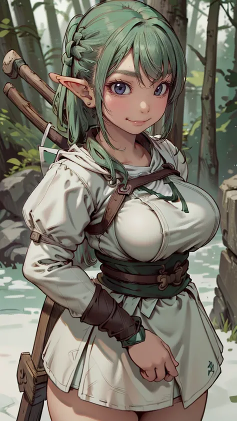 (cute elf ),(archer clothes),,(messy hairstyle),(large breasts:1.5),in forest background,(detailed archers equipment),(Highest image quality, (8K), Ultra-realistic, Best Quality, High quality, High Definition, high quality texture, high detailing, Beautifu...