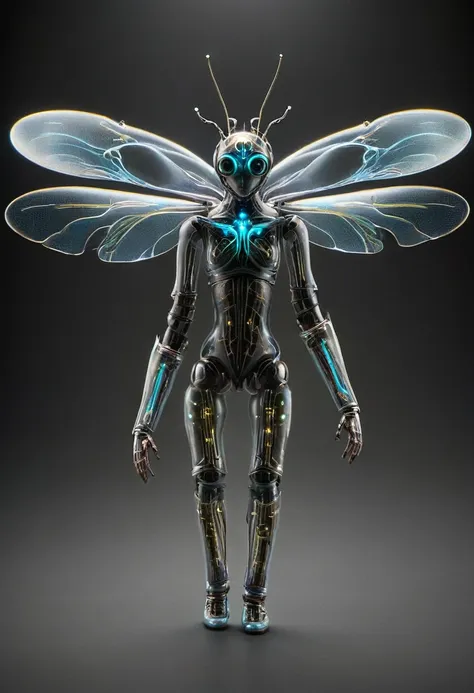 the portrait of a young electronic mechanical insect android flying in the dark and showing its circuits and gears through its t...