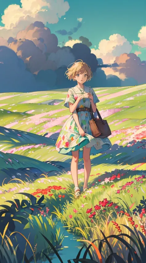 Fresh painting style，In the wheat field，A girl，Keep your hands out of the sun，Bright sky，The perspective of looking up，Anime characters，ultra - detailed，Highly realistic，tmasterpiece，8K，hyper HD，