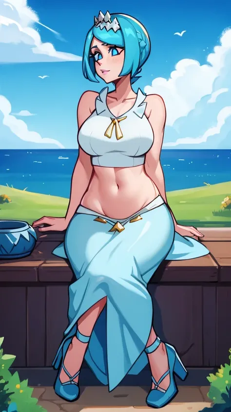 a sexy girl, beautiful, beauty, light blue hair, her big round blue eye, light pink lip, she wears a sleeveless white shirt, shows her navel and a long blue skirt, black heels, her hair is wearing a pussy, she climbs a volcano, Hawaii island, she climbs a ...