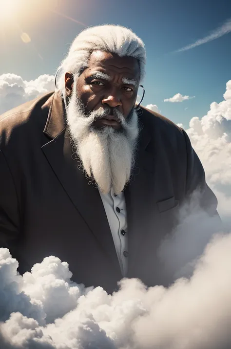 best qualityer, work of art, Super high resolution, an old black man with a beard and white hair wearing white clothes in the background of the image is an African black man in a cloud setting 