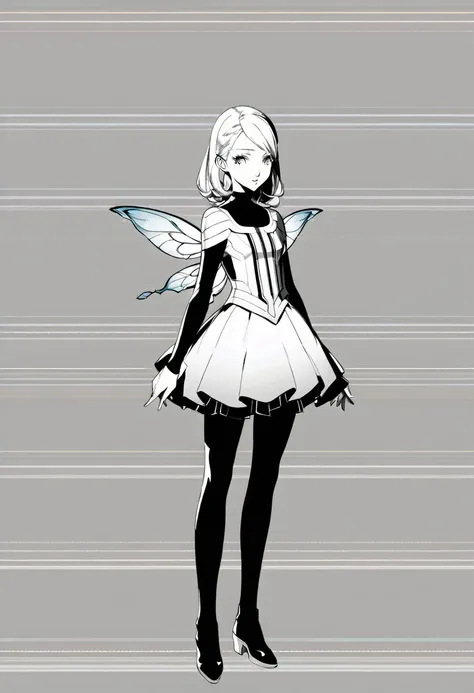 a woman in a white dress and black shoes stands in front of a white wall, full body fairy, full body portrait, official characte...