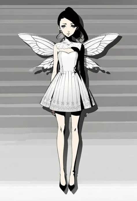 a woman in a white dress and black shoes stands in front of a white wall, full body fairy, full body portrait, official characte...